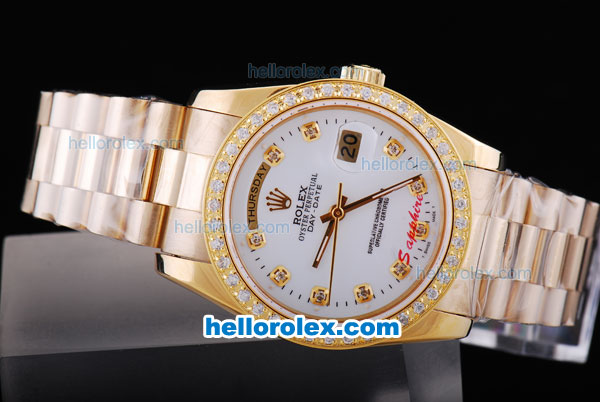 Rolex Day-Date Automatic Full Gold with Diamond Bezel-White Dial - Click Image to Close